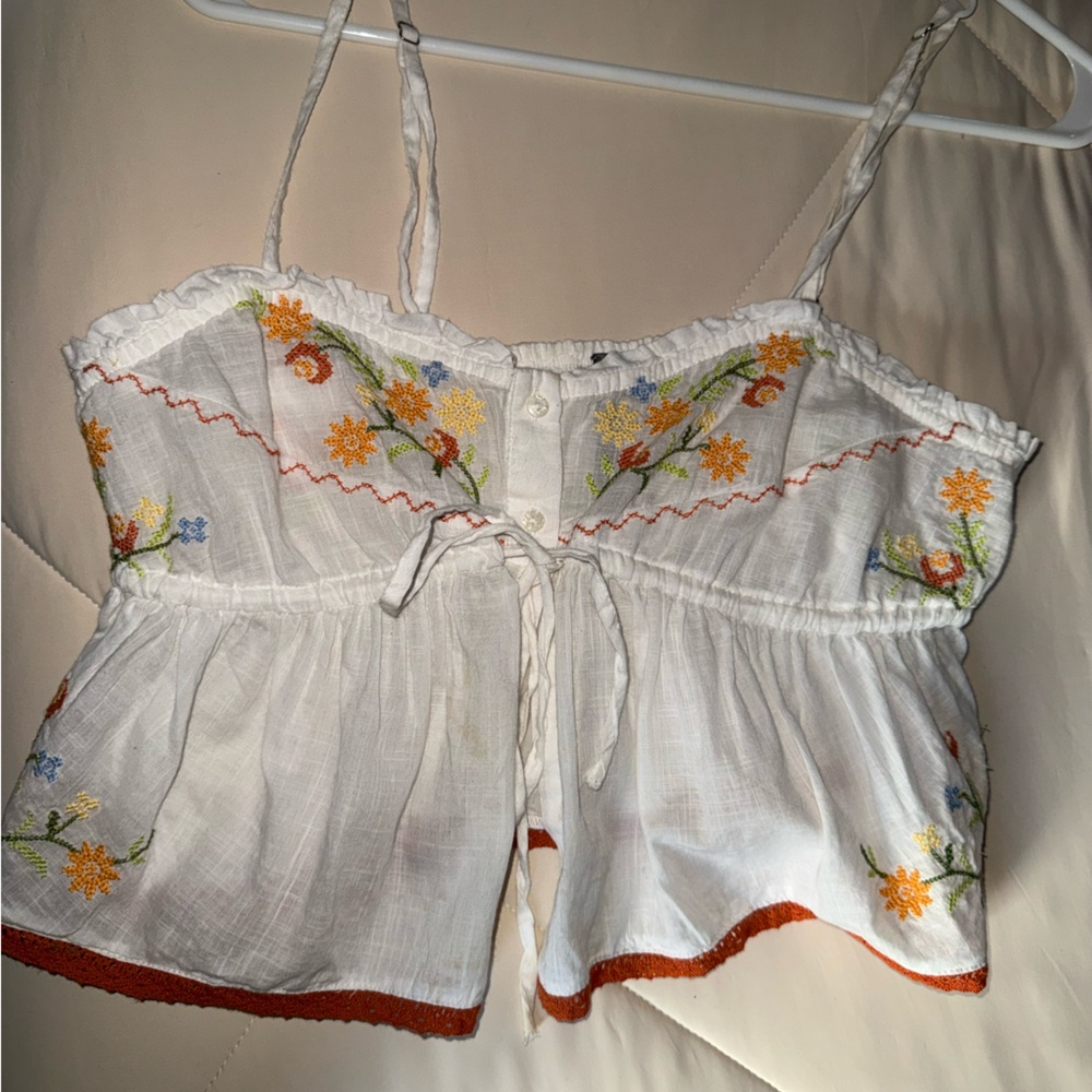 Anthropologie White Embroidered Peplum Cami with Orange Trim